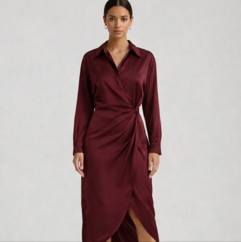 Astr The Label | Satin Wrap Shirt Dress Burgundy NWT
